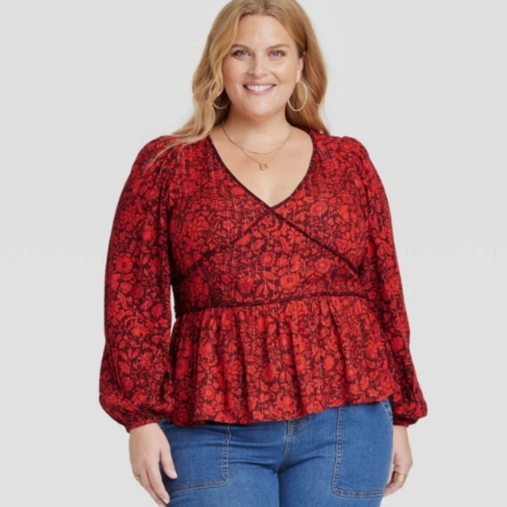 Knox Rose Top Red Long Sleeve Embroidered Blouse Boho Women's Size Large NWT
